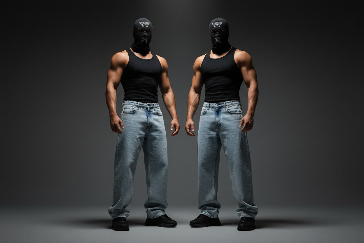 create two muscular men in wide light blue jeans with a black perfectly fit black tank tops with a black cotton bali covering our face with our logo on them. 